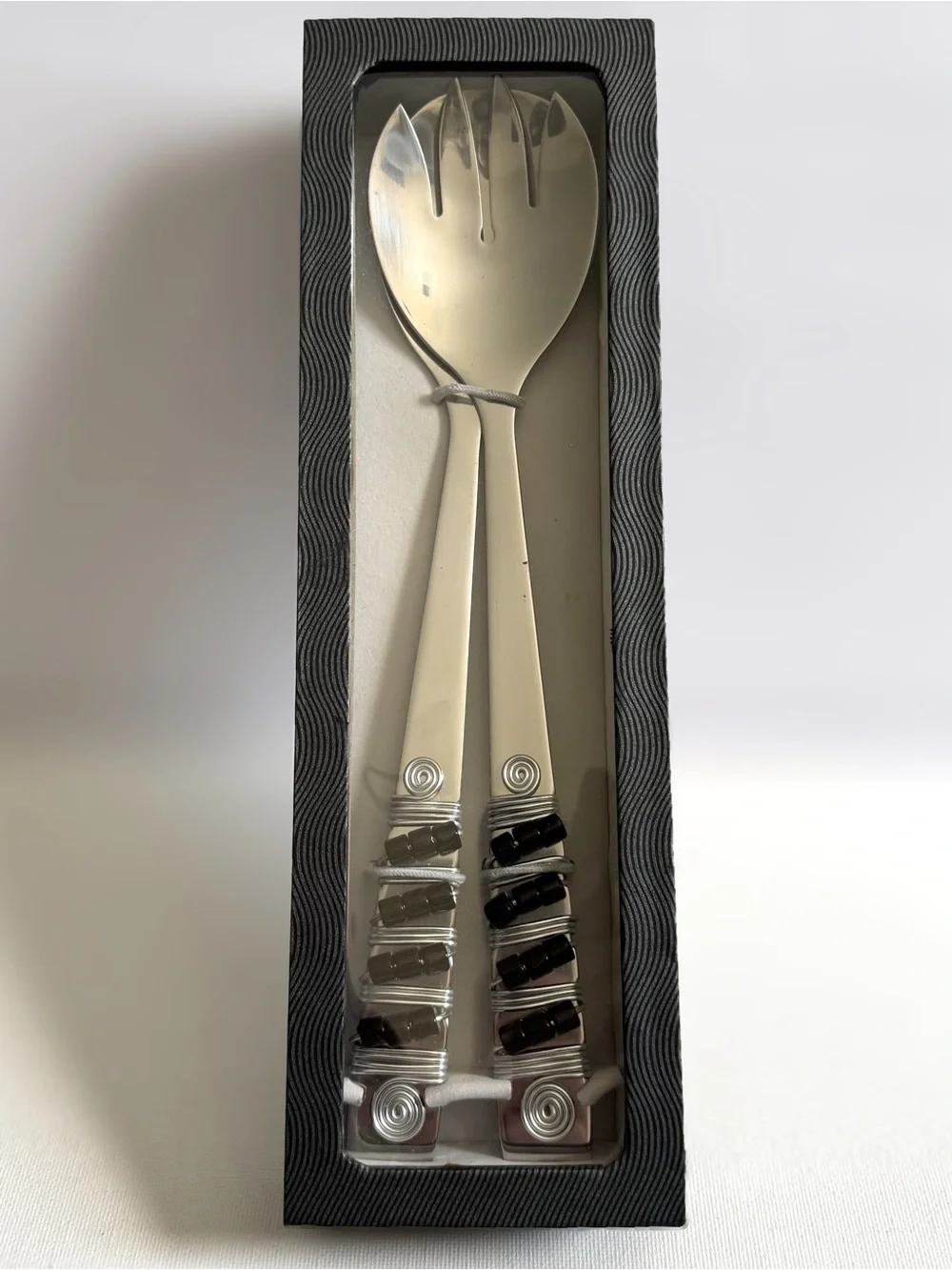 Wild Eye Designs Stainless Steel Salad Server Set Silver Black Beaded Artisan